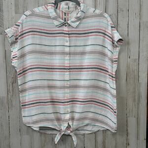 Linen Blend Crop Top Large Stripe Front Tie Beachy Coastal Weatherproof Vintage